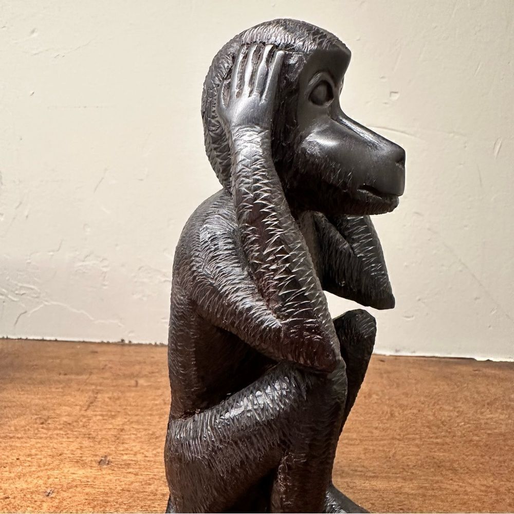 Vintage | Hand Carved ebony wood “HEAR NO EVIL” monkey wooden statue 6.5” - Picture 6 of 11